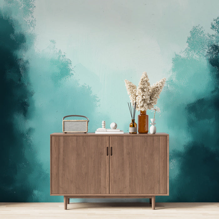 Tapeta maglovita šuma | Mekani krajolik s dodirom tirkiznog akvarela