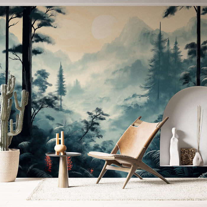 Papel de parede floresta enevoada | Paisagem mística com árvores e samambaias