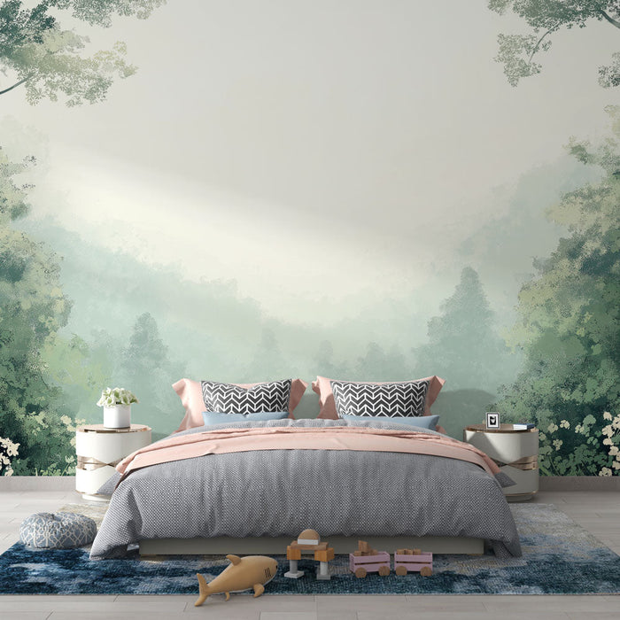 Foto Behang mistig bos | Sereen landschap met weelderige vegetatie