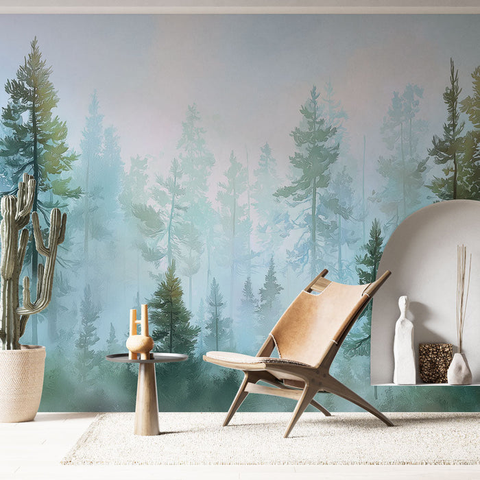 Tapeta mlhavý les | Uklidňující scéna jehličnanů v mlze