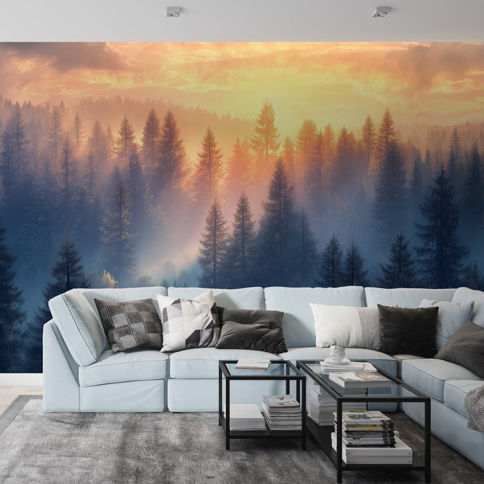 Falfestmény tapéta ködös erdő | Erdő jelenetek napkeltekor