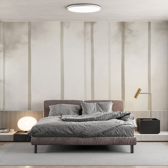 Papel de parede com mural de Floresta Nebulosa | Silhuetas de árvores em uma atmosfera suave e calmante