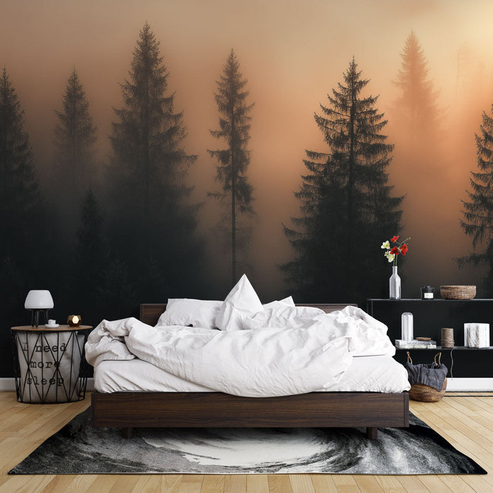Foto Behang mistig bos | Boom silhouetten in een mystieke sfeer
