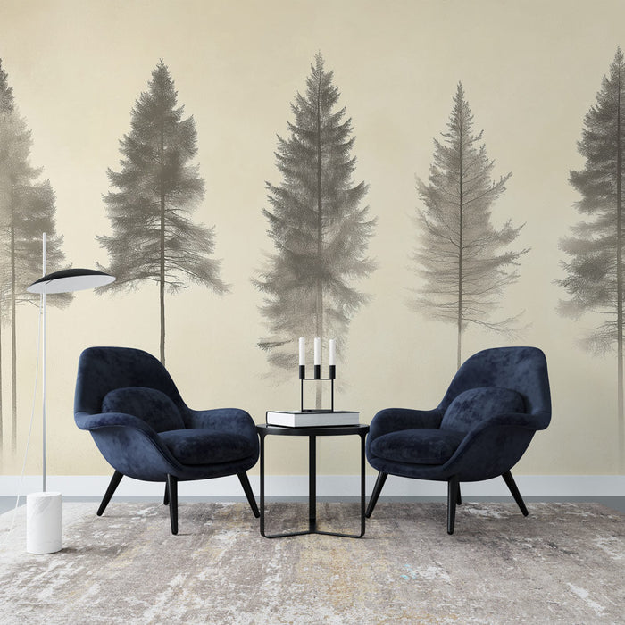 Fotótapé ködös erdő | Elegáns fa kontúrok egy puha háttéren