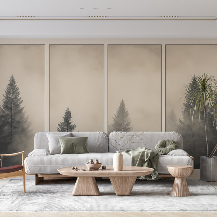 Fototapet sisli orman | Gri tonlarda ağaç siluetleri