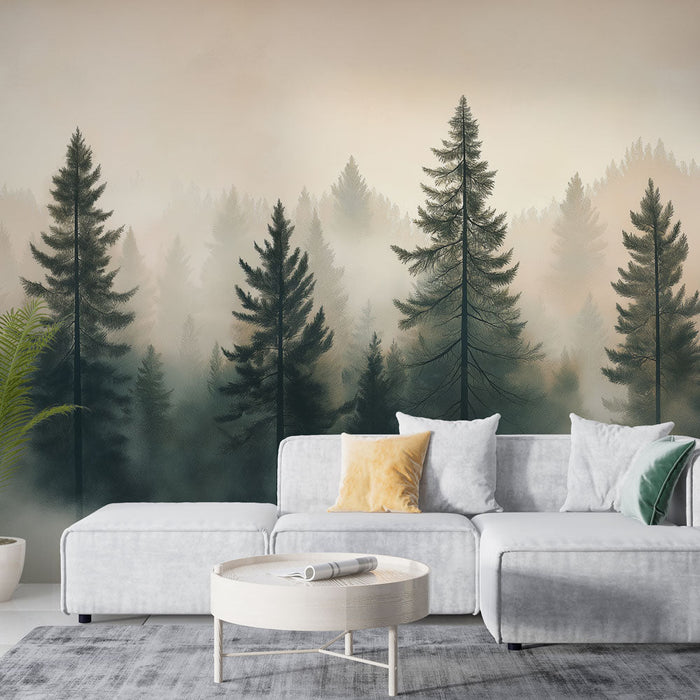 Tapeta mlhavý les | Siluety majestátních stromů v klidné atmosféře