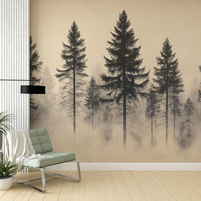Papel pintado del bosque brumoso | Siluetas majestuosas de árboles en contraste con un fondo suave