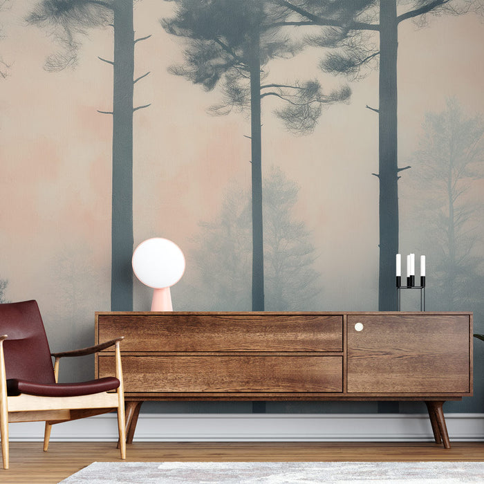 Tapete šumovite šume | Siluete borova u nježnoj i sanjivoj atmosferi