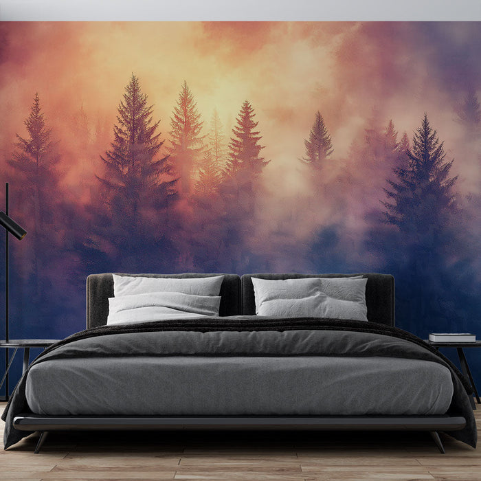 Tapeta mlhavý les | Gradient jemných a mystických barev