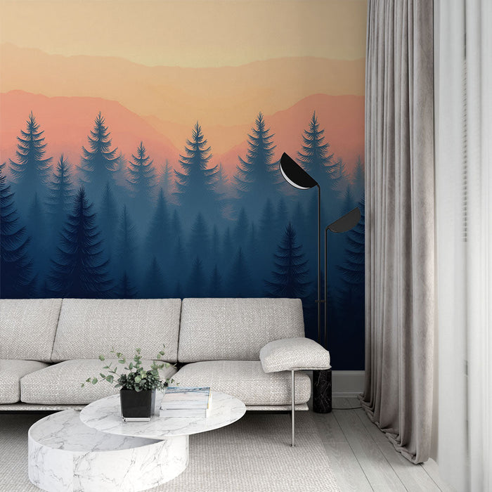 Ködös erdő tapéta | Fenyőfák megnyugtató tájképe melankolikus légkörben