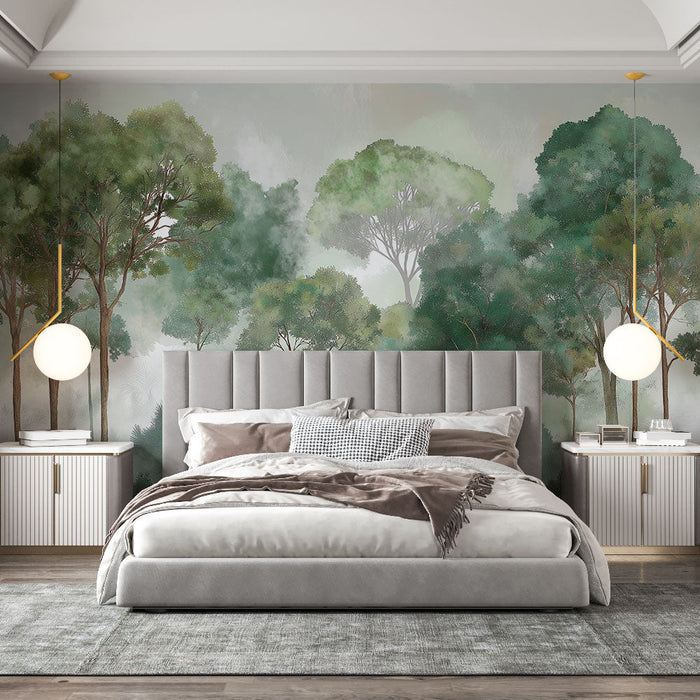 Tapeta mlhavý les | Uklidňující krajina stínů stromů v lehké mlze