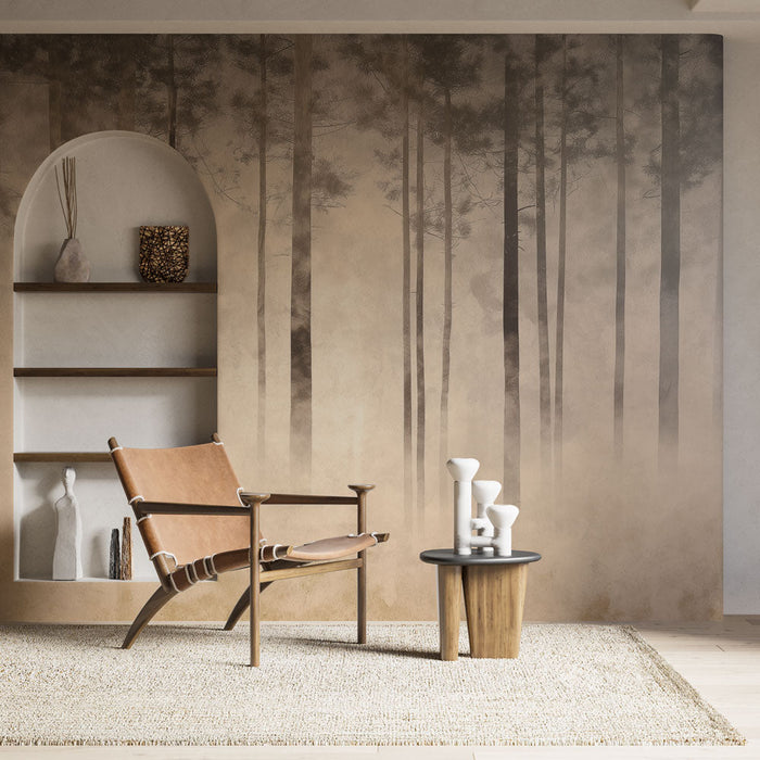 Tapeta mlhavý les | Krajina etérických stromů obalených mlhou