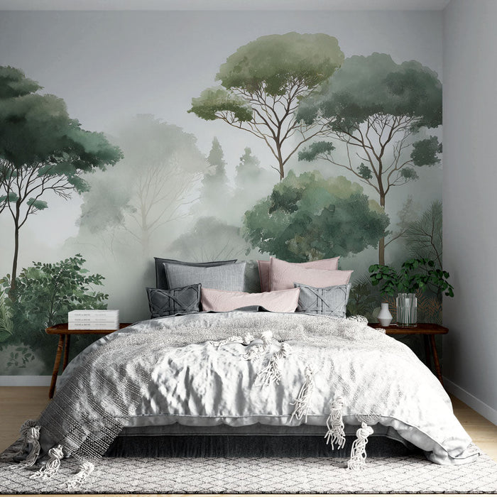 Tapeta mlhavý les | Krajina éterických stromů obalena tajemstvím