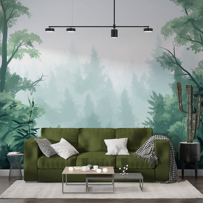 Mural Wallpaper maglovita-suma | Šumski krajolik obavijen maglom s bujnom vegetacijom