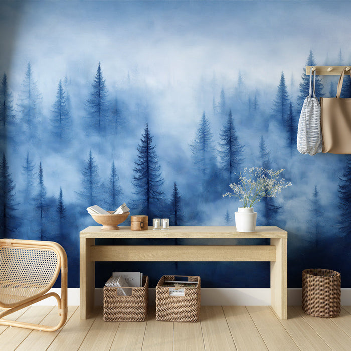 Tapeta tajemný les | Tajemná krajina borovic v modré mlze