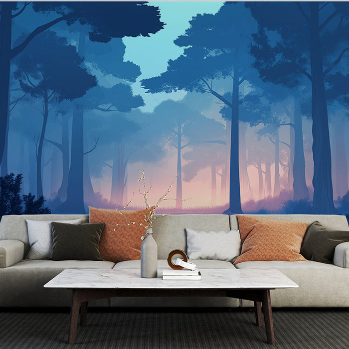 Mural Wallpaper misty forest | A dreamlike landscape with bluish hues and tree silhouettes