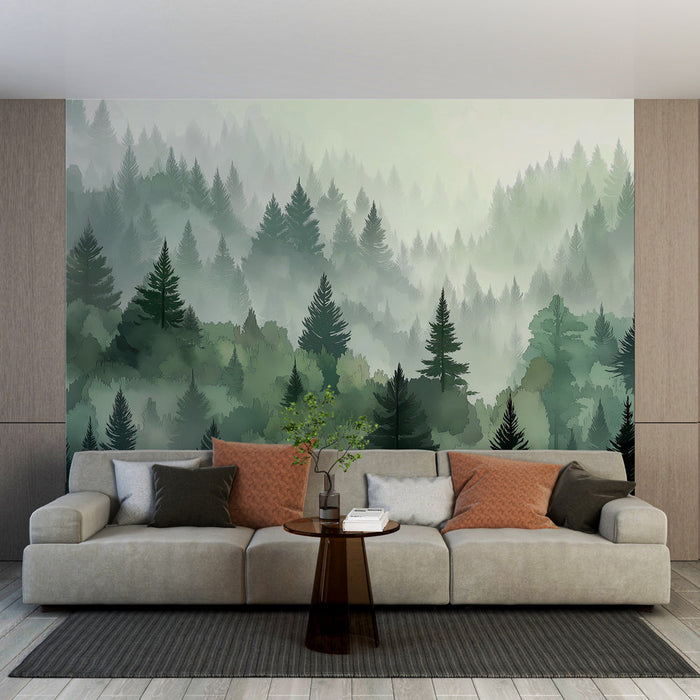 Carta da parati per murale della Foresta Nebbiosa | Un paesaggio sereno di conifere avvolte dalla nebbia