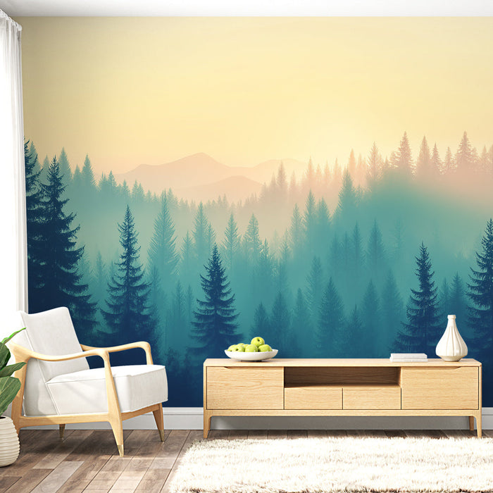 Tapeta mlhavý les | Poklidná krajina borovic v jemné atmosféře