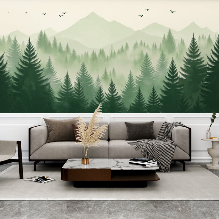 Tapeta mlhavý les | Poklidná krajina zelených borovic v jemné a mlhavé atmosféře