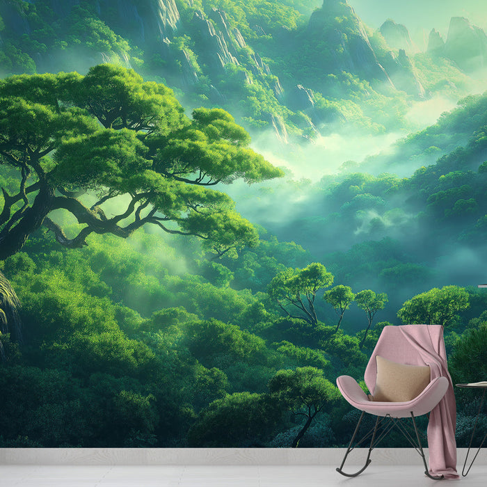 Tapetti sumuinen metsä | Vehreä ja lumoava maisema majesteettisten puiden kanssa
