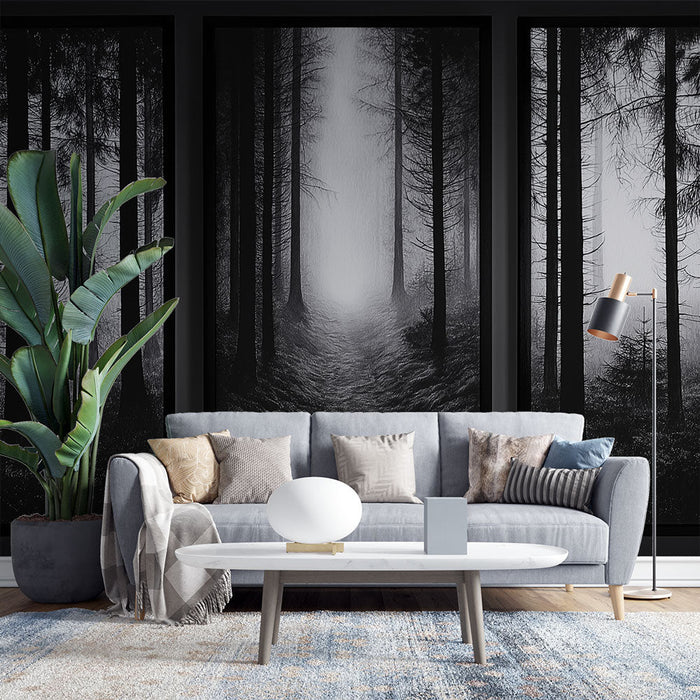Tapete Nebelwald | Ein eindrucksvolles Trio von Baumumrissen in Schwarz-Weiß-Nebel