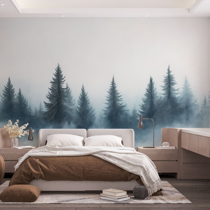 Tapeta leśna mglista | Kojąca ilustracja iglaków we mgle otulonym krajobrazie