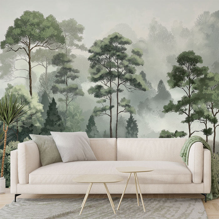 Мъгливата гора Тапет | Успокояваща сцена на листвени и иглолистни дървета