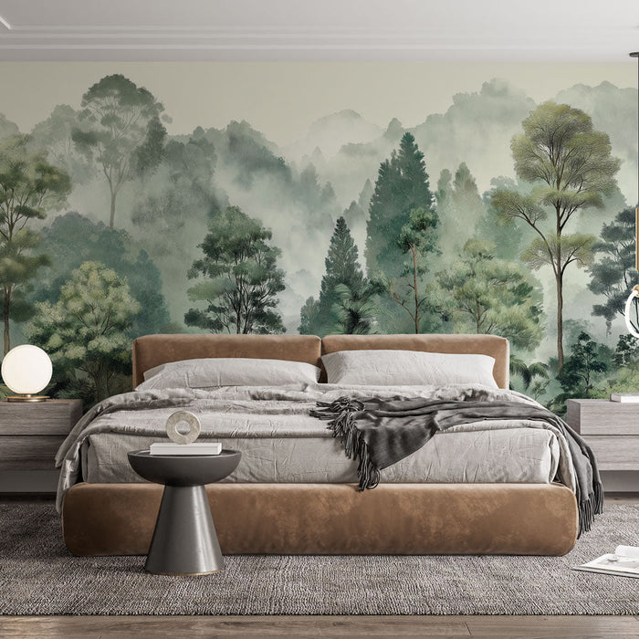 Tapeta mlhavý les | Luxusní vegetace s majestátními stromy plujícími v mlze