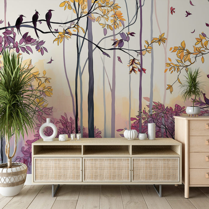 Tapetti värikäs metsä | Puut eloisilla lehdillä ja istuvilla linnuilla