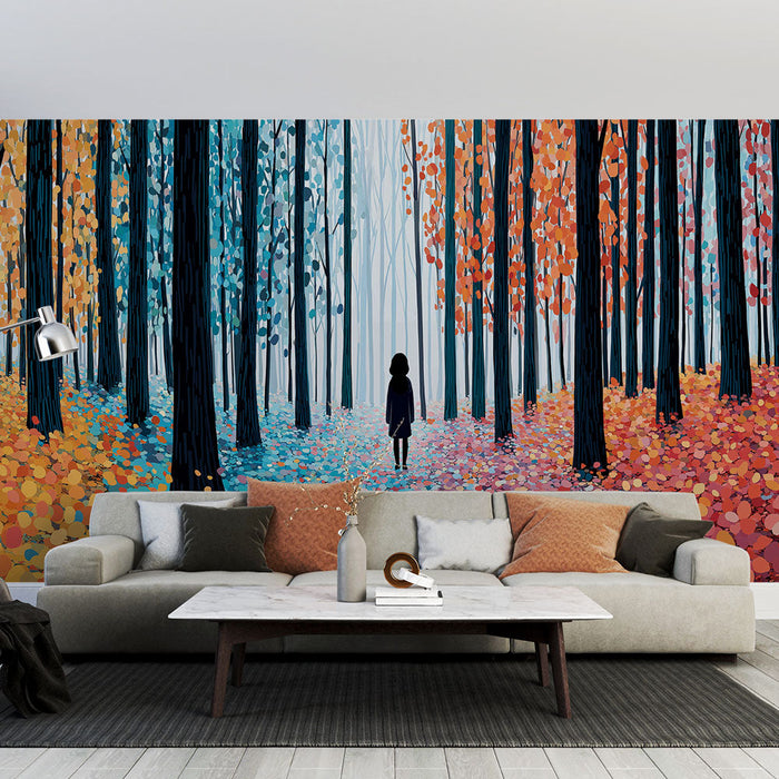 Fototapeet värvilises metsas | Siluett elavate lehtede ja aukartustäratavate puude keskel