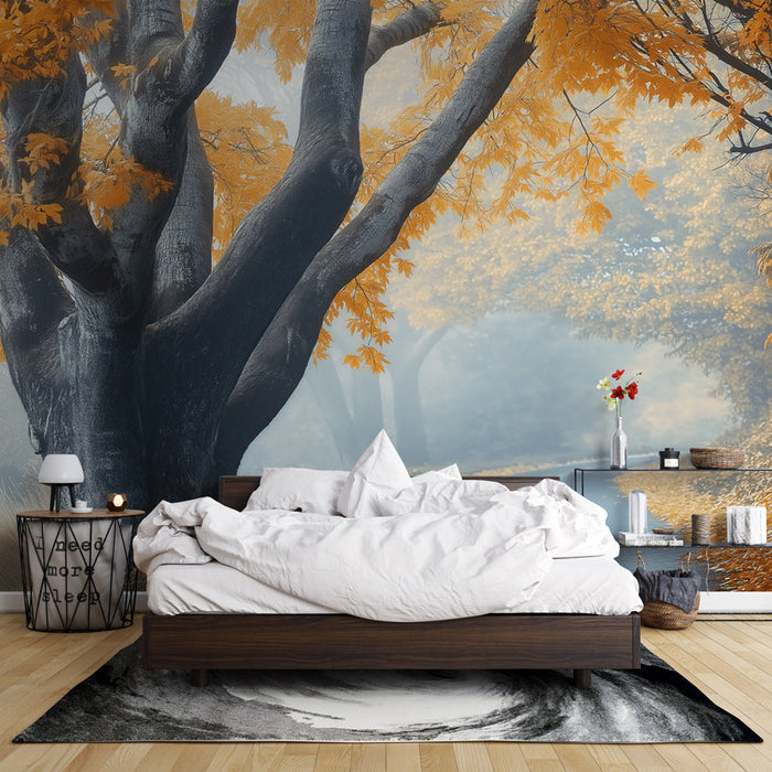 Tapeta jesenski gozd | Vijugasta pot obkrožena z drevesi z zlatimi listi