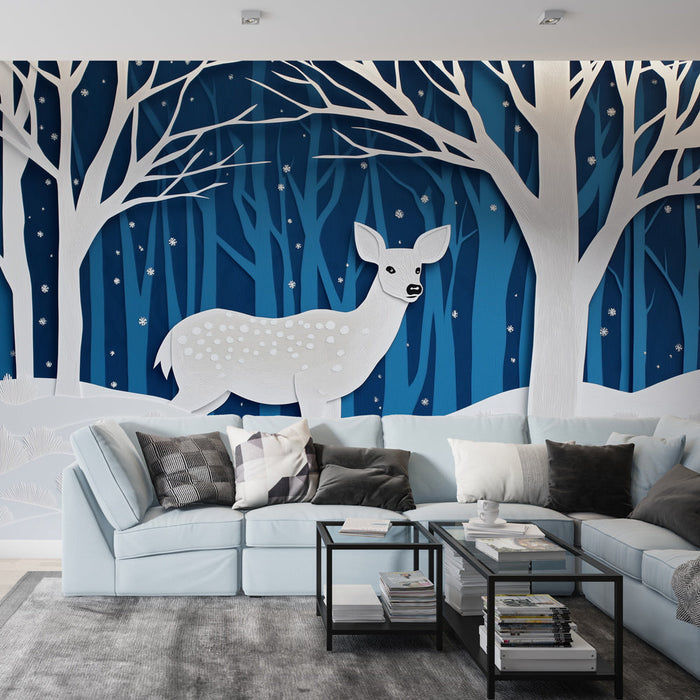 Falikép téli erdő | Egy elegáns szarvas havas tájban