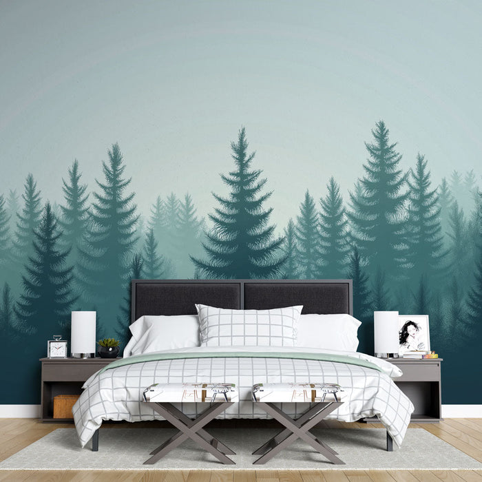Mural Wallpaper coniferous forest | Silhouettes of fir trees in a soothing mist