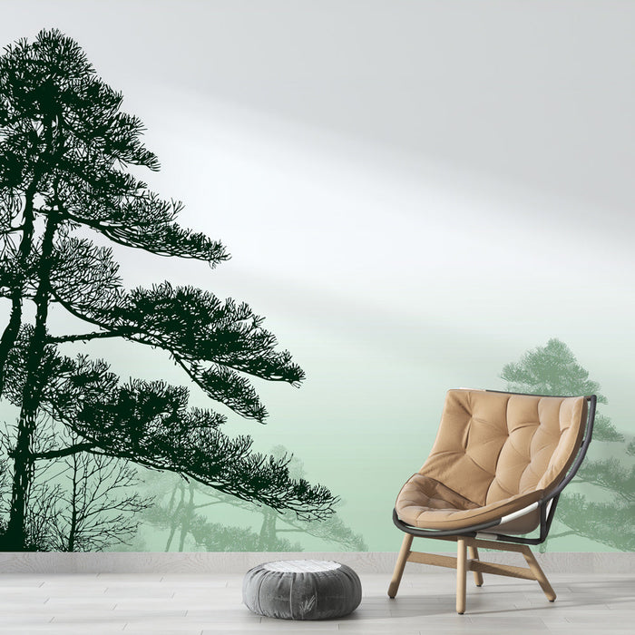 Tapeta jehličnatý les | Elegantní siluety borovic v odstínech zelené