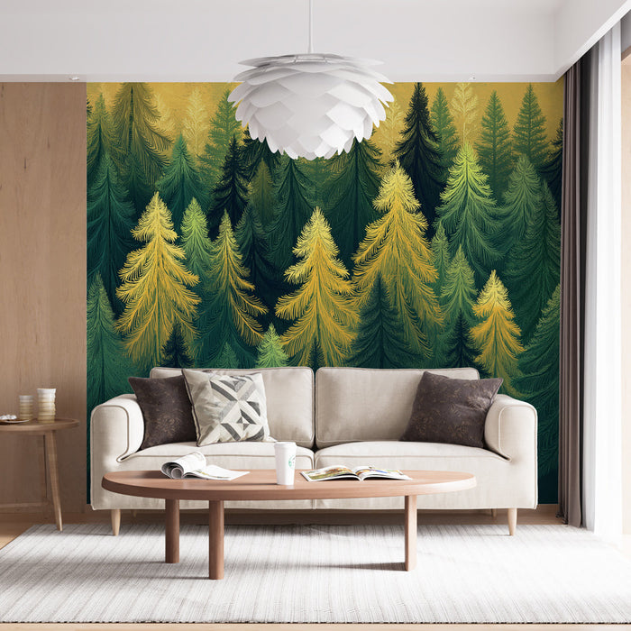 Tapet pădure de conifere | Un peisaj luxuriant de pini și brazi cu nuanțe verzi și aurii