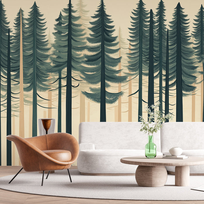 Foto Behang coniferous forest | Een sereen landschap van hoge groene bomen