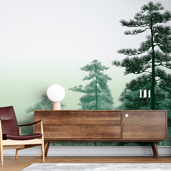 Papel de parede floresta de pinheiros | Árvores majestosas em tons de verde