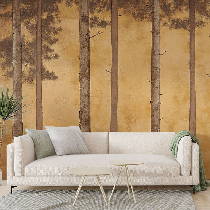 Fototapet gozd zlato | Visoka drevesa na toplem rumenem ozadju
