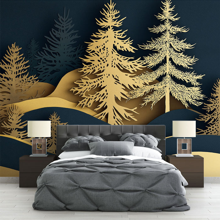 Tapeta zlatý les | Majestátní stromy v reliéfu na černém pozadí