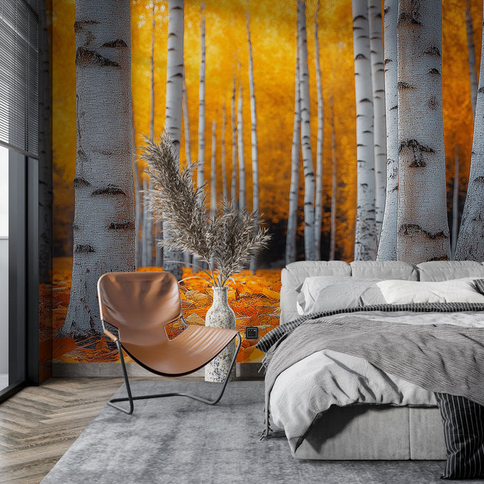 Papel de parede golden forest | Tronco de árvore e folhagem vibrante de outono