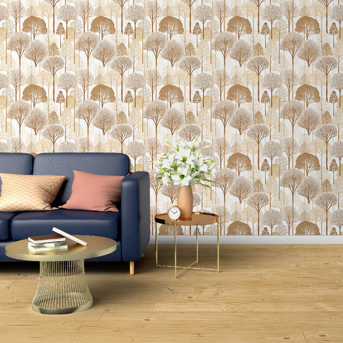 Tapetti kultainen metsä | Kuviointi puusilueteista neutraaleissa sävyissä