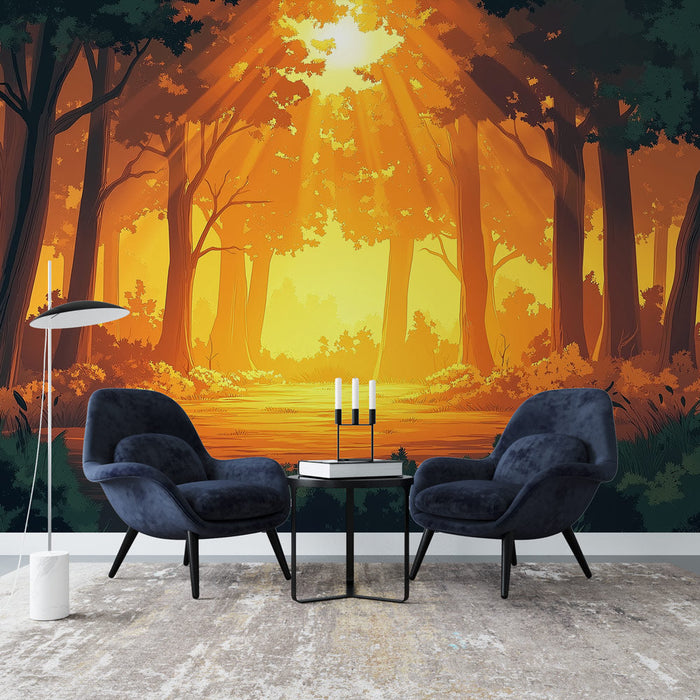 Mural Wallpaper golden forest | A forest landscape illuminated by warm sun rays