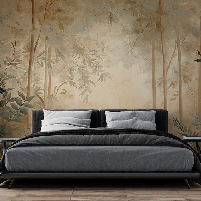 Papel de parede floresta dourada | Uma atmosfera natural com folhas delicadas e árvores estilizadas