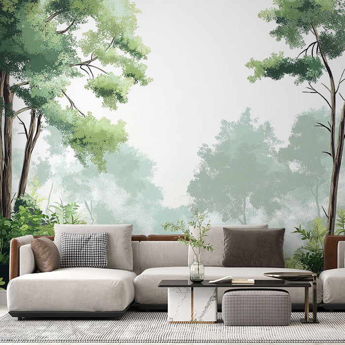 Tapeta zamlžený les | Poklidná krajina s majestátními stromy