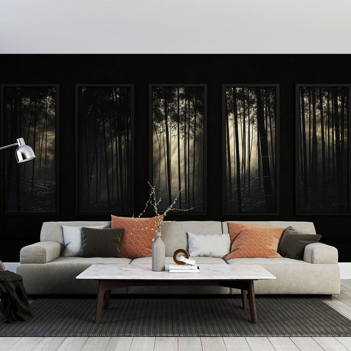 Mural Wallpaper forest in black and white | Mysterious atmosphere with play of light and shadow