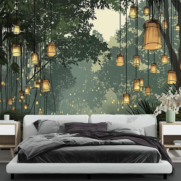 Fototapet fortryllende skog | Lanterner henger og lyser opp et grønt landskap