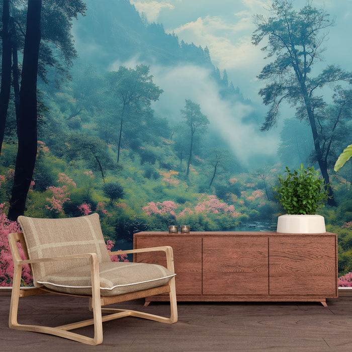 Fototapet förtrollad skog | Idyllisk landskap av rosa blommor och lätt dimma