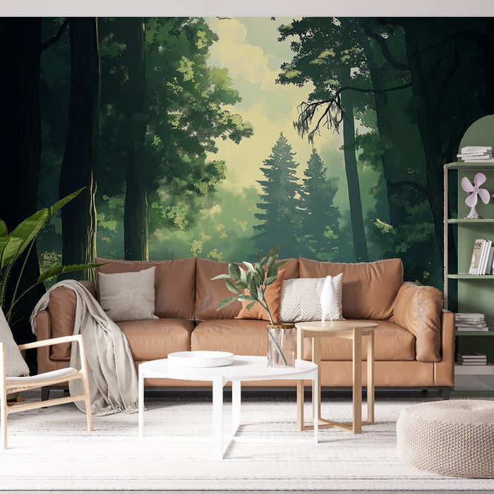 Mural Wallpaper enchanted forest | Mystical woodland landscape with soft light