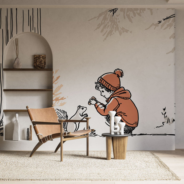 Mural Wallpaper enchanted forest | A child feeding a squirrel at the foot of a large tree