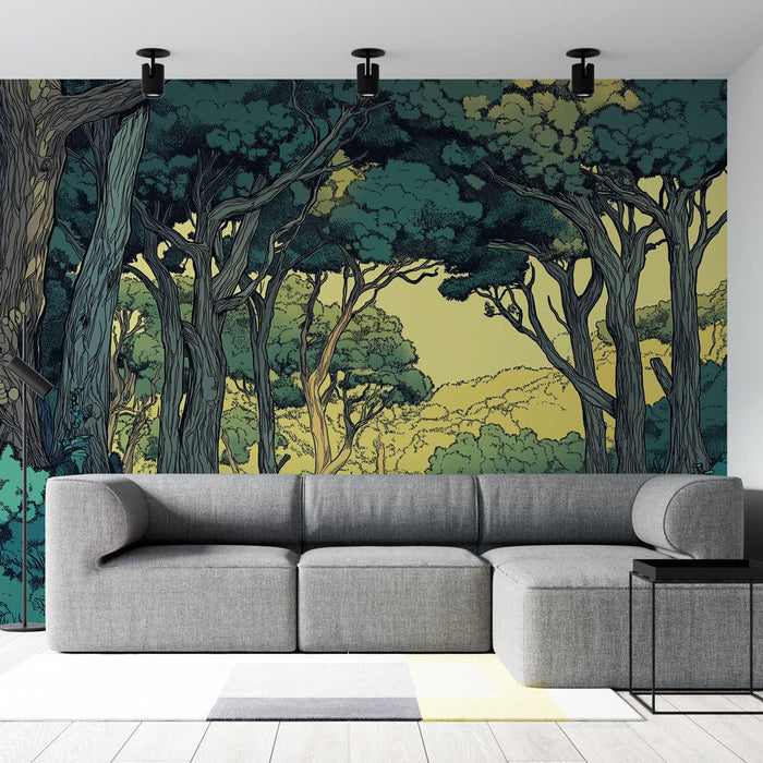 Papel pintado enchanted-forest | A soothing forest landscape with shades of green and yellow